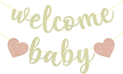 Pre-Strung Welcome Baby Banner | Champagne Gold Glitter Baby Shower Decorations by XenoptyChron