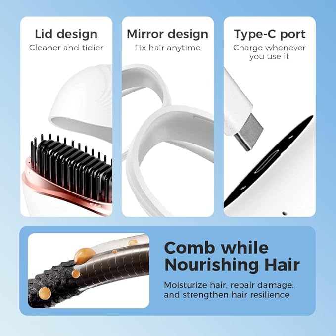 Mini Straightener,Portable Fast Heating Hair Straightener Comb with Mirror,Wireless 2-in-1 Hairs Dressing Combs for Home Travel Gift,Straight Hair Comb with 3 Adjustable Temperatures (Pink)