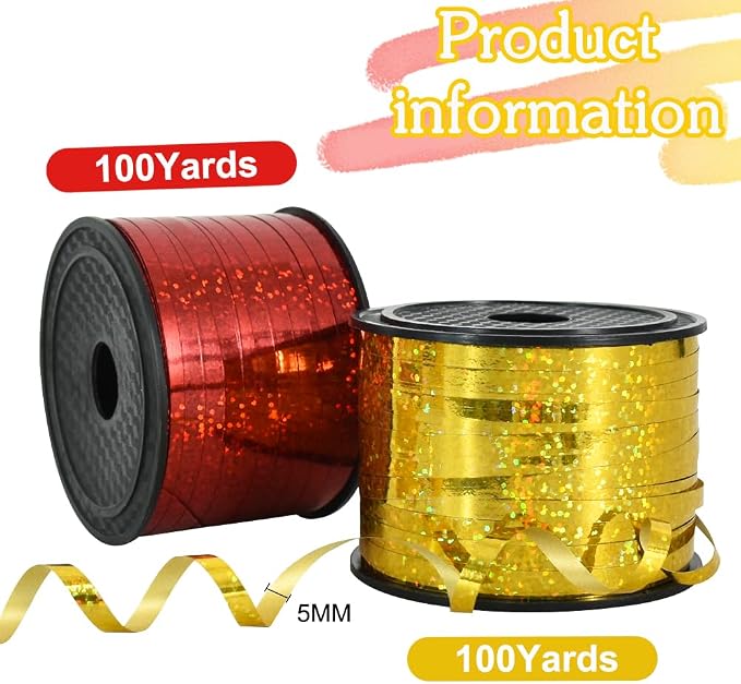 BEISHIDA 2 Pack 100 Yards Red Gold Ribbon Curling Crimped Glitter Balloon - Image 2