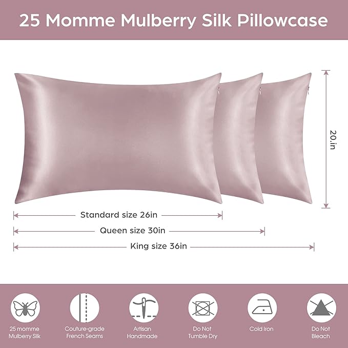 Silk Pillowcase for Hair and Skin, 2 Pack 100% Mulberry Silk Pillowcase 25 Momme, 600 Thread Count, Both Side Pure Silk Pillow Cover with Hidden Zipper (ApricotGray, Standard 20''×26'')