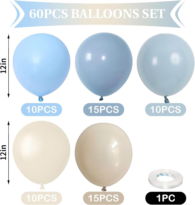 Dusty Blue and White Balloons Haze Pastel Blue Beige Balloon 12inch 60pcs Sand - Image 4