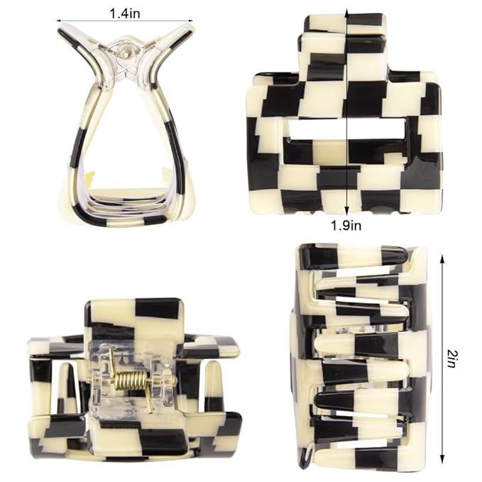 Checkered Tortoise Hair Clips for Women - 4Pcs 2" Small Acetate Claw Barrettes for Thick & Thin Hair