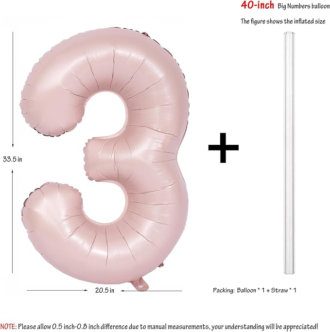 40 Inch Pink Number 3 Foil Balloon Light Pink Digital 3 Helium Balloon | - Image 2