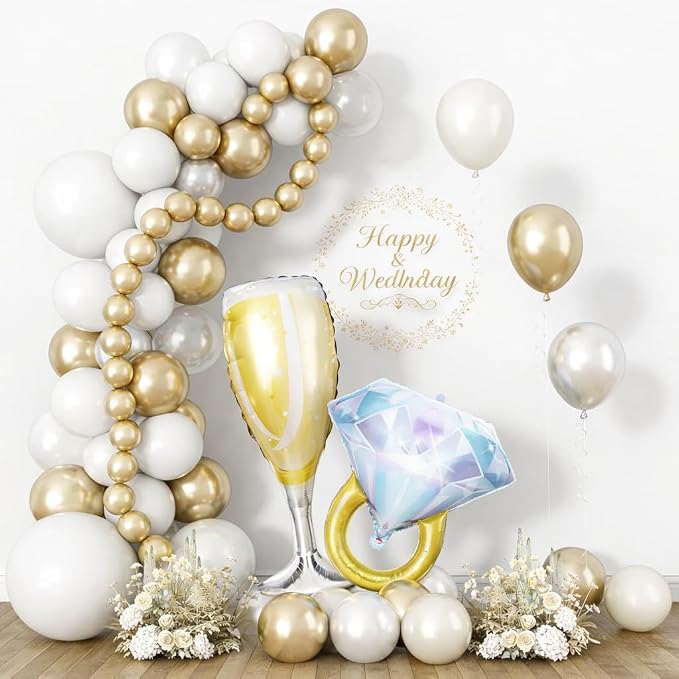 White Gold Balloons with 37inch Foil Diamond Ring Champagne Glass Balloons - Image 4