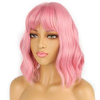 Pastel Bob Wigs with Bangs for Women Loose Wavy Wig Pastel Wavy Shoulder Length Bob Synthetic Cosplay Wig for Girl Colorful Costume Wigs (Pink)