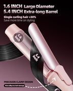 Large Hair Curling Wand, 1.6 Inch Big Barrel Curling Iron, 43 Million Ionic Ceramic Curler with 3 Temp, Auto Shut-Off, Long Barrel Curling Wand for Long Hair, Dual Voltage, Pink