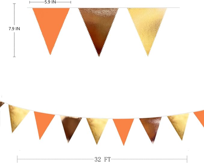 Fall Party Decorations Orange Gold Brown Metallic Fabric Triangle Pennant - Image 2