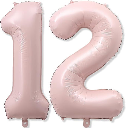 Pastel Pink 12 Balloons Number for Girls, Big Light Blush Pink Foil 1 & 2 by KAINSY
