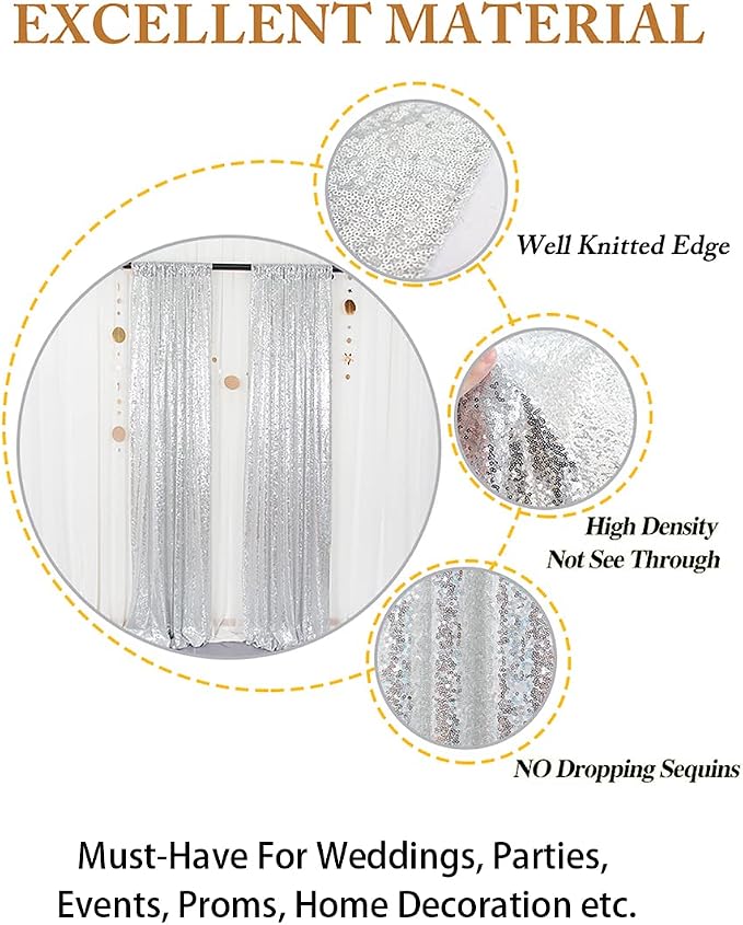 ShinyBeauty Sequin Curtains 2 Panels Silver 2FTx8FT Sequin Photo Backdrop - Image 5