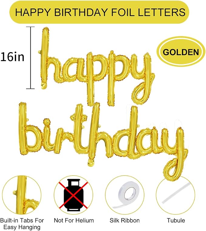 TONIFUL 16 Inch Gold Cursive Happy Birthday Balloons Banner Decorations | - Image 2