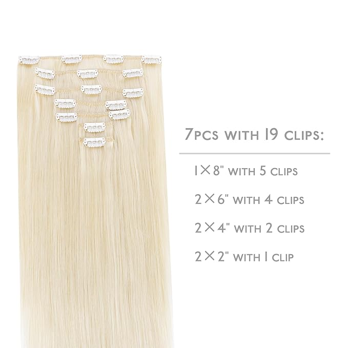 WENNALIFE 24 Inch Clip in Hair Extensions - Real Human Hair, 120g 7pcs Platinum Blonde Remy Double Weft