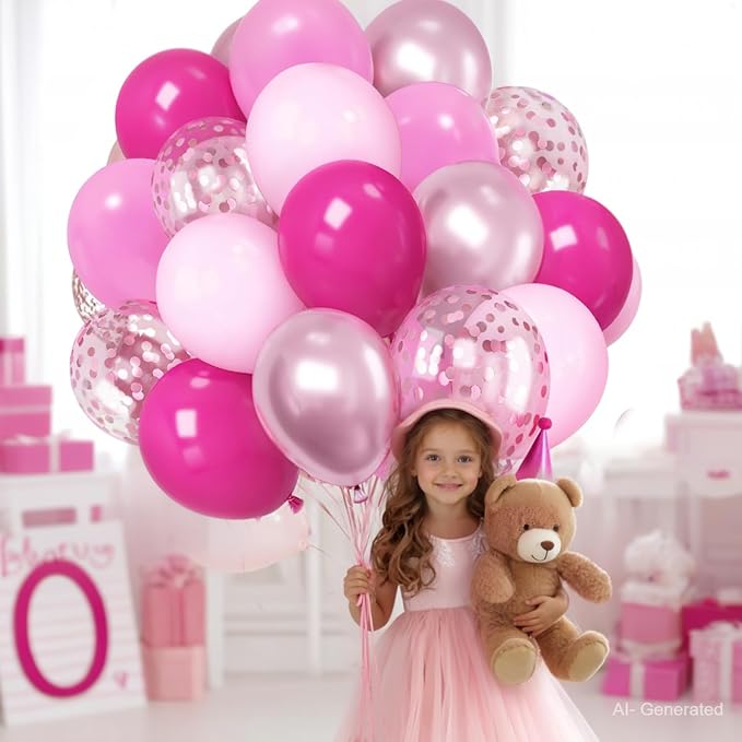 Zesliwy Hot Pink Balloons Set, Party Decor | Pastel Light Pink Metallic Pink - Image 5