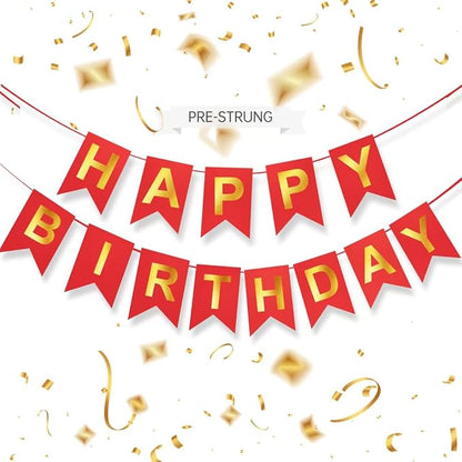 Red Happy Birthday Banner - 16 ft Pre-Strung Gold & Red Birthday Party by ZgimiPartyHome