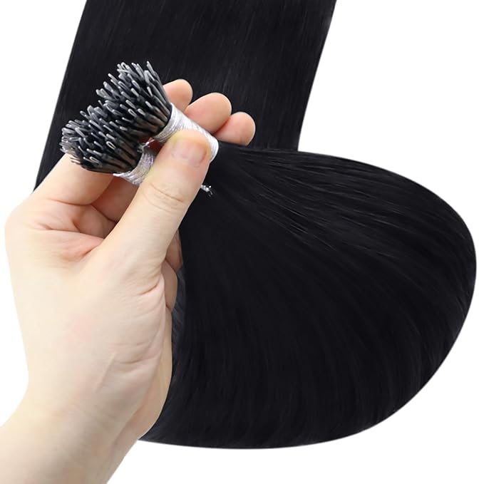YoungSee Nano Ring Hair Extensions Black Nano Hair Extensions Human Hair Black Nanobead Hair Extension Human Hair 14 Inch Nano-Tips Hair Extension Remy Hair 1g/s 50g