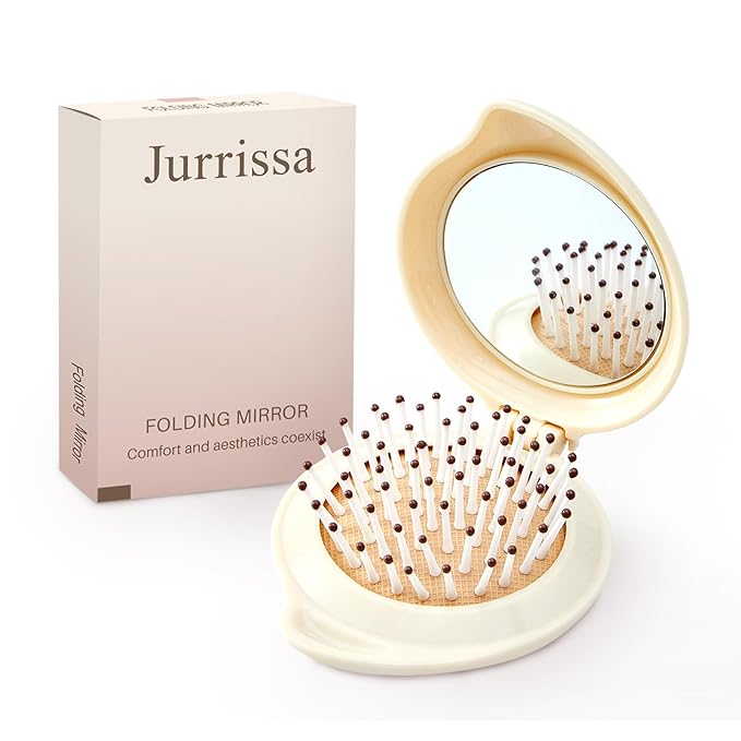 Folding Hair Brush with Mirror for Women Men and Kids，Portable Compact Hair Brush for Purse Pocket Bags, Travel Size Foldable brush with Case, Easy to Carry(Beige)