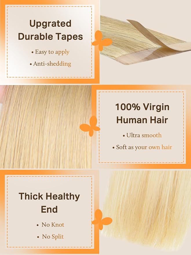 DOORES Tape in Hair Extensions, Drity Blonde Mixed Platinum Blonde 20pcs 50g 24 Inch, Seamless Straight Real Human Hair