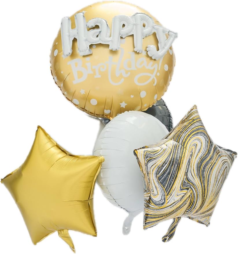 Happy Birthday Balloon Bouquet, Foil Balloons, Star and Marble Design, Party - Image 3