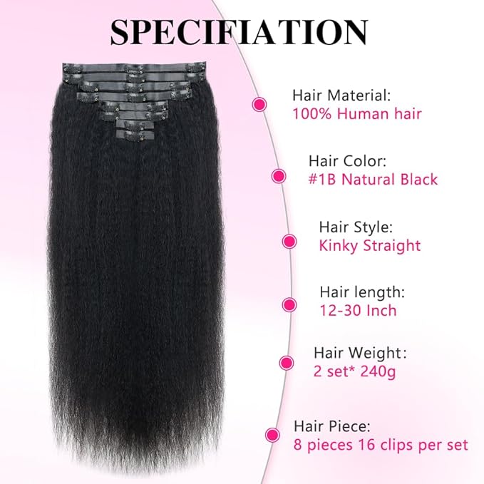 Invisi Edge Clip In Hair Extensions Human Hair 2 Pack 240g 16pcs Kinky Straight Invisible Clip Ins For Women Full Head Injected Clip Ins Remy Human Hair Extensions Natural Color 28inch