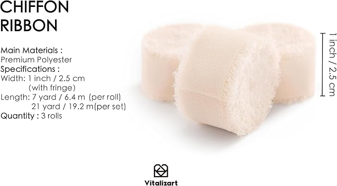 Vitalizart Light Nude Chiffon Silk Ribbon 1" x 21 Yd Fringe Fabric Package - Image 2