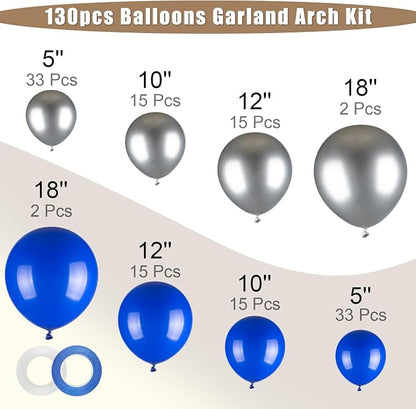 130pcs 8 12 10 5 Inch Royal Blue and Silver Latex Balloons Garland Arch Kit | - Image 2