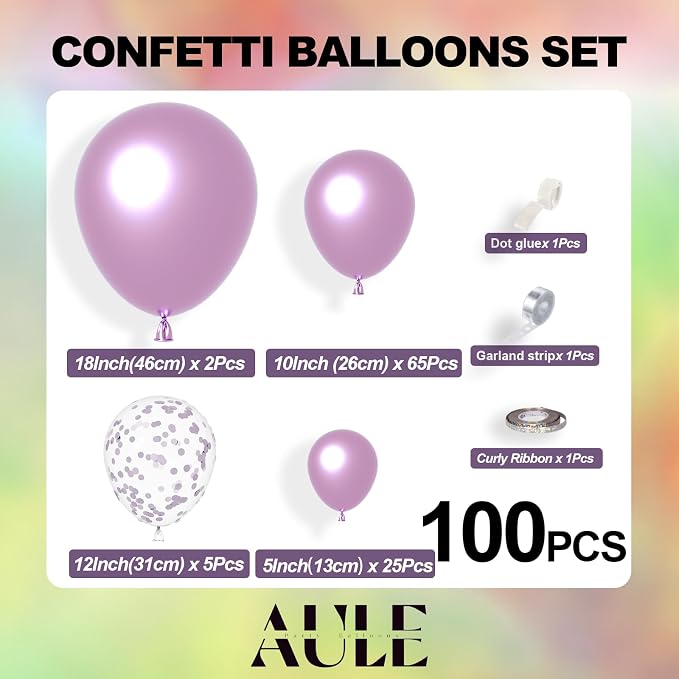 AULE 100Pcs Metallic Lavender Balloons 18/12/10/5 Inch Different Sizes | Lilac - Image 2