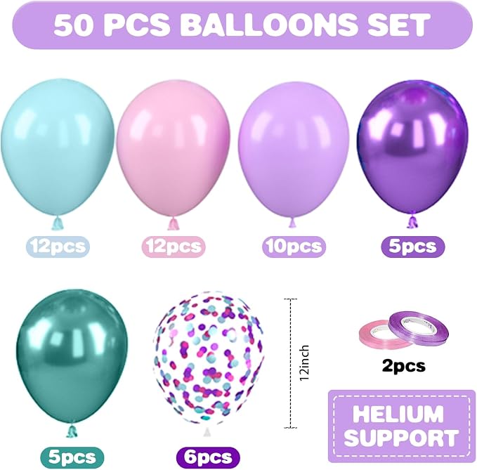 Mermaid Balloons, 12 Inch Pastel Purple and Teal Balloons - Image 2
