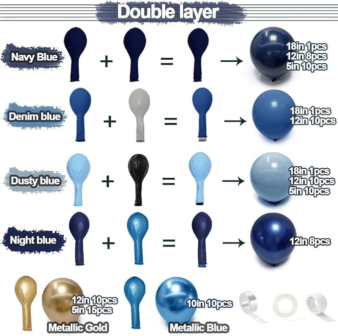Navy Blue Gold Balloon Arch Kit, Double Stuffed Royal Pastel Blue Balloon - Image 3