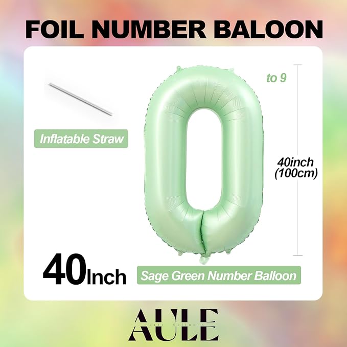 AULE 40 Inch Sage Green 0 Balloon Numbers Foil 0-9 Birthday Big Numbers | - Image 5