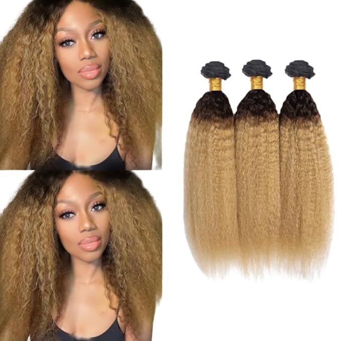 Ombre Blonde Bundles Human Hair 1B27 Kinky Straight Bundle Niegmeag Virgin Remy Hair 3 Bundles 24 26 28 Inch 2 Tone Black and Honey Blonde Yaki Bundle 150g