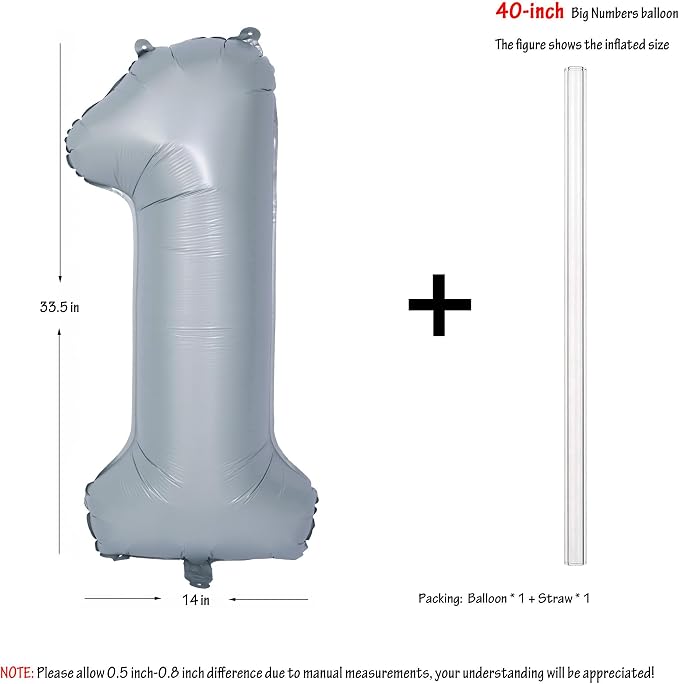 40 In Matte Gray Number 1 Balloons Helium Foil Mylar Balloon Digit 1 | - Image 2