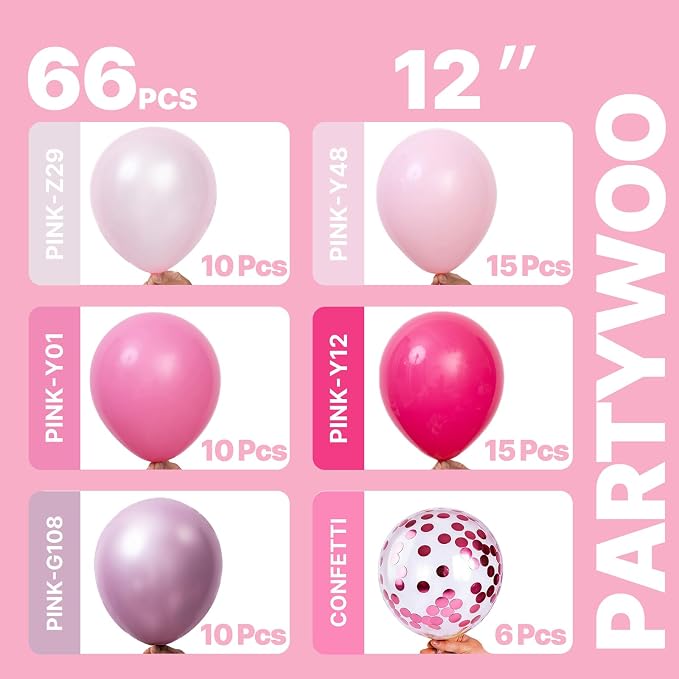 PartyWoo Pink Balloons 66pcs Pack Hot Pink Latex Helium Balloons | Pearl Pink - Image 2