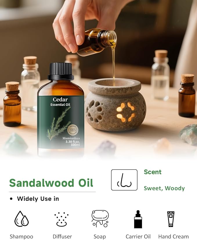 Pure Cedarwood Essential Oil for Bedtime Atmosphere, Evening Relaxation & Pillow Mist,Mumianhua Natural Woodland Aroma for Reed Diffuser,Aromatherapy, Bedroom, Skin, Hair, Tranquil Blends 3.38 Fl Oz