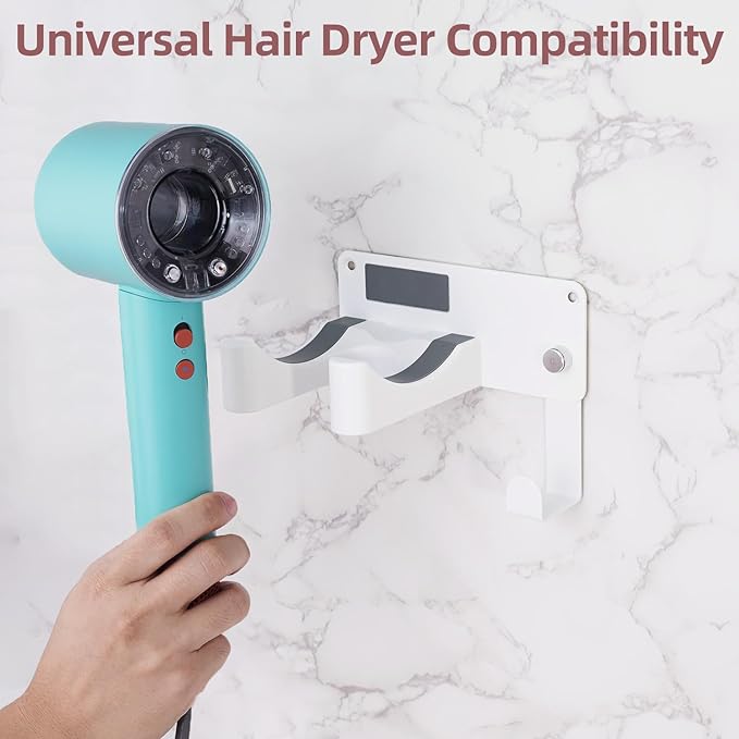 Hair Dryer Holder, Aluminum Alloy Blow Dryer Holder with Adhesive/Screw Installation, Universal Hair Dryer Wall Mount Compatible with Dyson Hairdryer Holder for Bathroom White UEMUSI