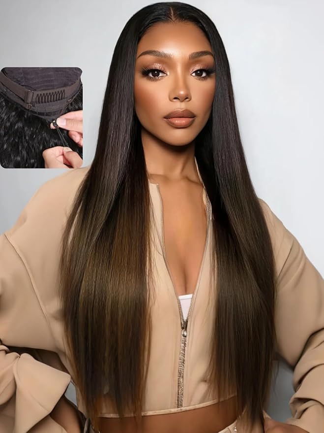 YIROO Bye Bye Knots Chestnut Brown Ombre Light Yaki Straight Wig Human Hair,7x5 Lace Front Glueless Wig with Drawstring,Pre Cut Pre Plucked Pre Bleached Knots Natural Hairline Wig for Women 22Inch