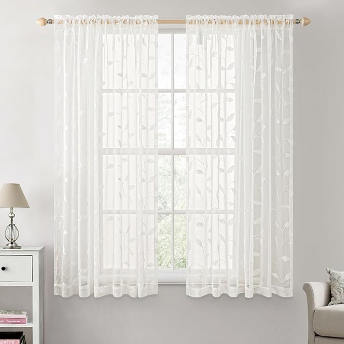 MIULEE Ivory Sheer Curtains 2 Panels Embroidered Leaf Patterned, W52 x L45 | by MIULEE