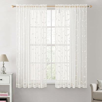 MIULEE Ivory Sheer Curtains 2 Panels Embroidered Leaf Patterned, W52 x L45 | by MIULEE