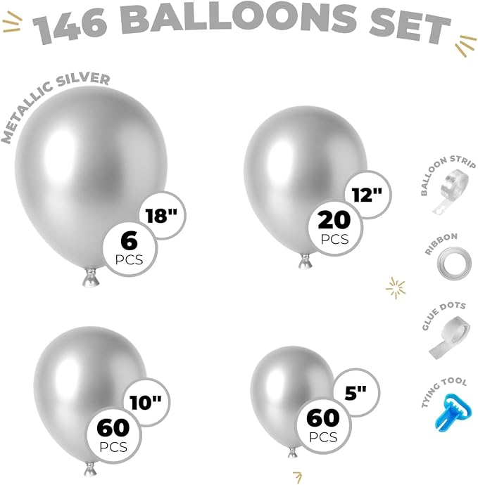 Vellax 146-Pc Metallic Silver Balloon Garland Arch Kit, Baby Shower | 146-pc - Image 2