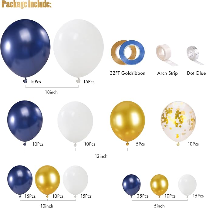 CANREVEL 127pcs Navy Blue Gold Balloons Garland Kit White Gold Confetti - Image 2