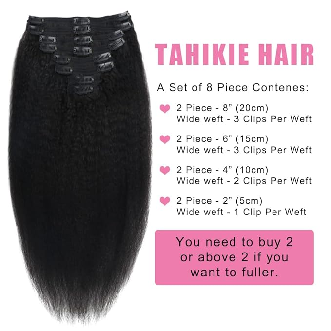 Kinky Straight Human Hair Clip in Extensions 120g Full Head Clip ins for Women 100% Unprocessed Brazilian Virgin Human Hair Yaki Straight Clip ins Remy Hair Natural Black 8Pcs 18Clips 18inch