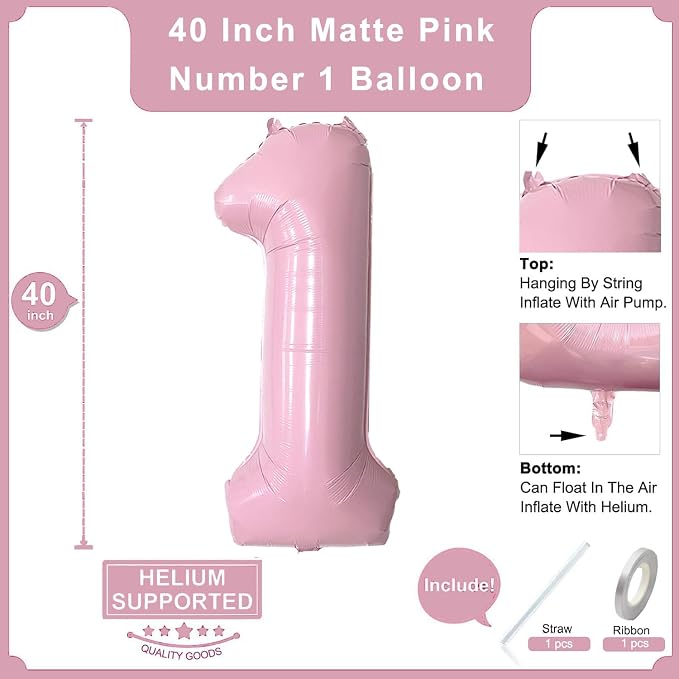 Upgraded Thickened 2Pcs Matte Pink 40" Number 1 and 26" Letter One Balloons | - Image 3