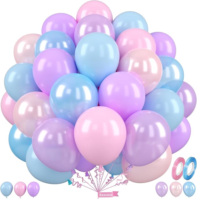 Blue Pink Purple Balloons, 12 Inch Pastel Balloons, Pearl Pink Purple Blue by Saxuxu