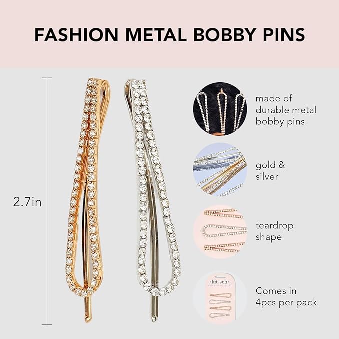 Kitsch Rhinestone Silver and Gold Hair Accessories for Women, Stylish Hair Gems | Decorative Bobby Pins for Weddings, Party, Prom, Events or Everyday Look | Ideal Gifts for Women - Set of 4