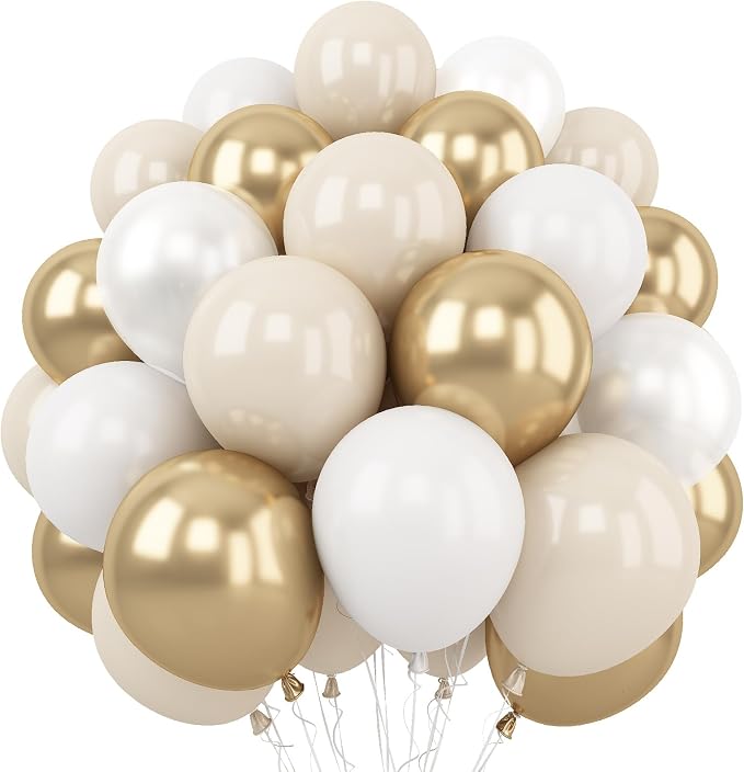 White and Gold Balloons, 12 Inch White Sand Gold Metallic Latex Balloons by Togvu
