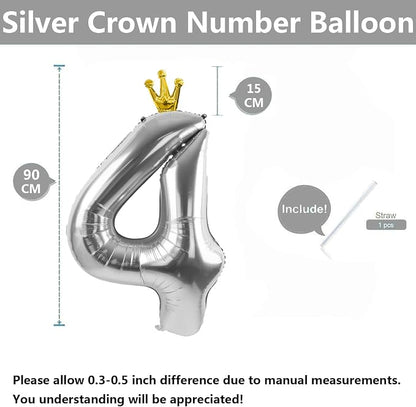 Silver Number 4 Balloon with Crown, 40 inch Silver Number Balloon 4th Birthday - Image 2