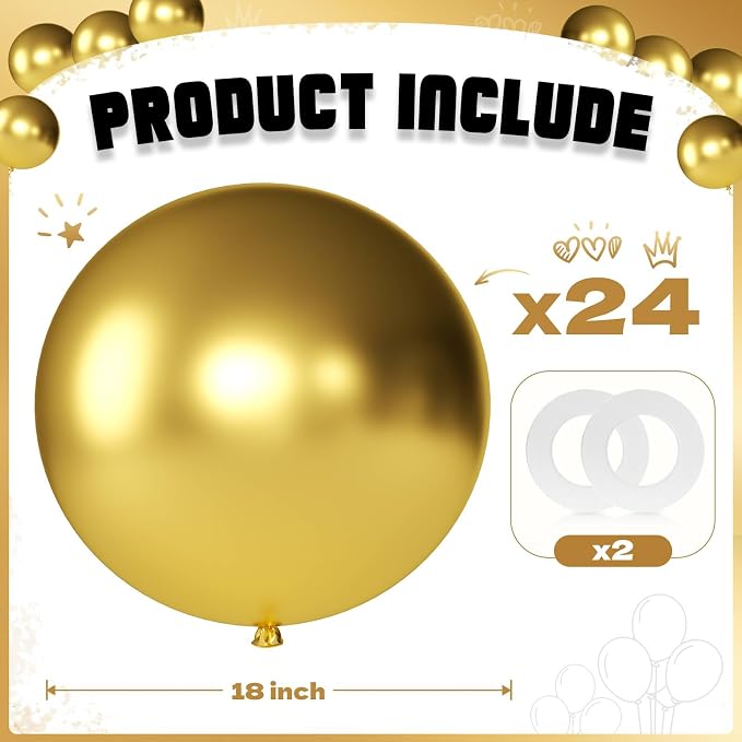 Metallic Gold Balloons 18 Inch 24 Pack Matte Helium Latex Round Balloons - Image 2
