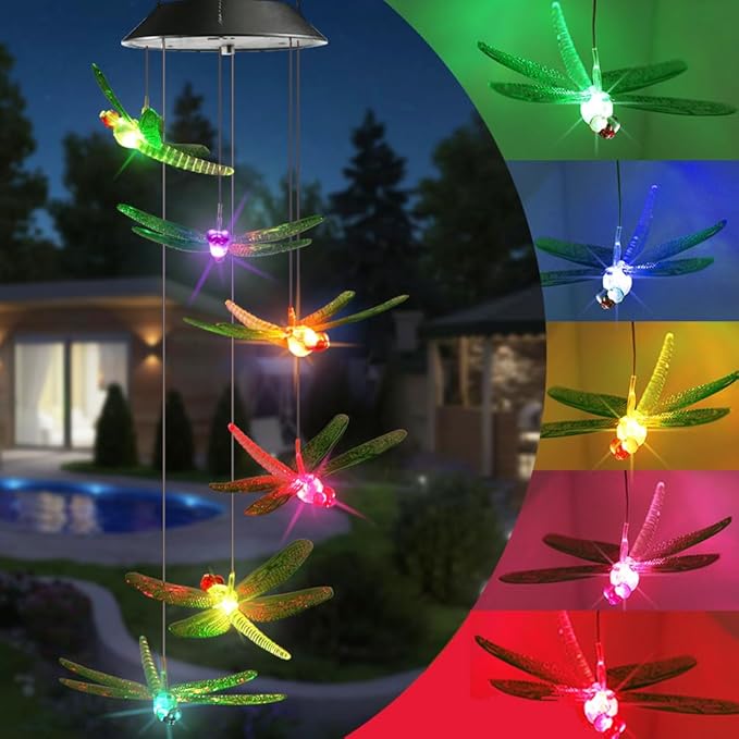 Toodour Solar Wind Chimes Outdoor, Color Changing Solar Lights Dragonfly | Gifts by Toodour