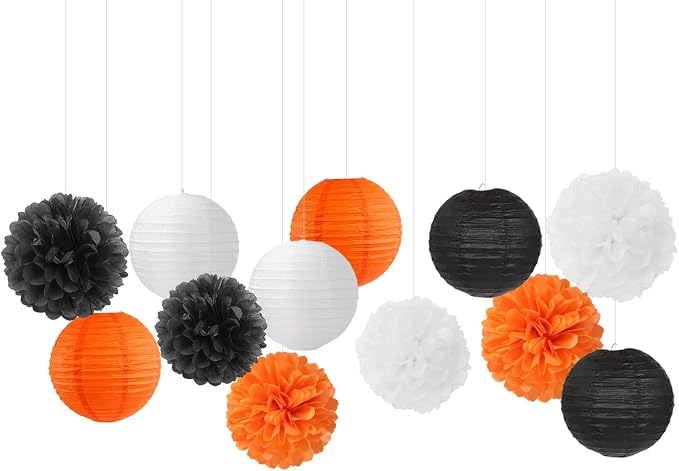Orange-Black White Party-Decorations Paper-Flowers Lanterns - Image 7