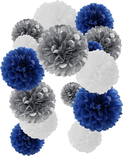 Navy-Blue White Silver Tissue Pom-Poms - Image 5
