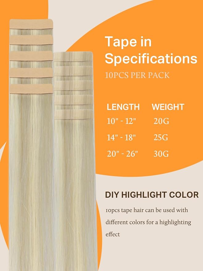 DOORES Hair Extensions Real Human Hair, Ash Blonde Highlighted Platinum Blonde 20 Inch 30g 10pcs, Tape in Remy Hair Extensions Straight Natural Hair for Women Skin Weft