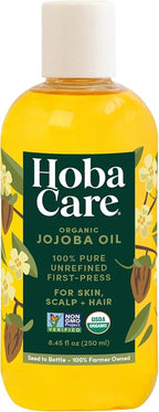 HobaCare Natural Organic Jojoba Oil for Hair, Skincare, Face, Body, Scalp, Nails, Beard Care, Skin Massage – Unrefined Carrier Oil – 100% Pure, Hexane Free, Moisturizing (8.45 oz)